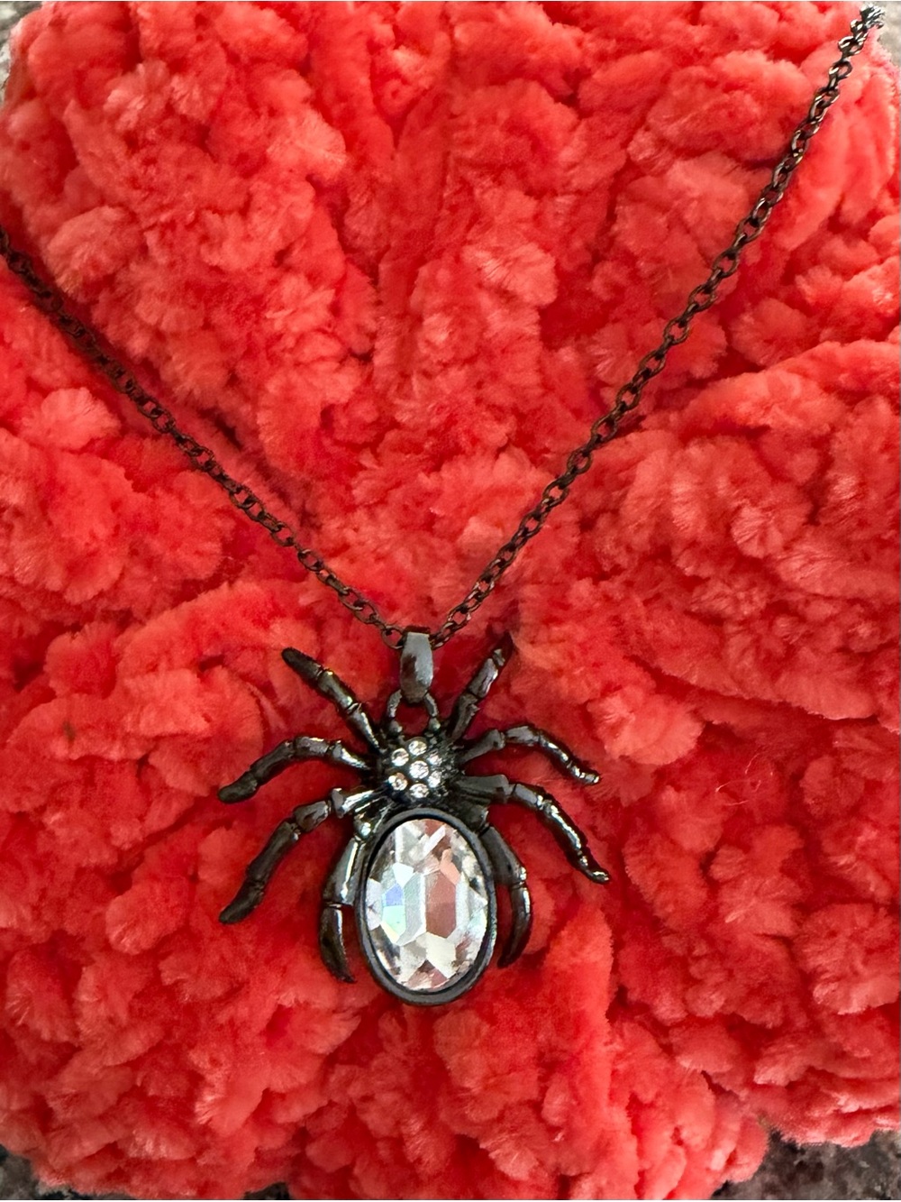 Black Spider Pendant Necklace with Clear Crystal Accent